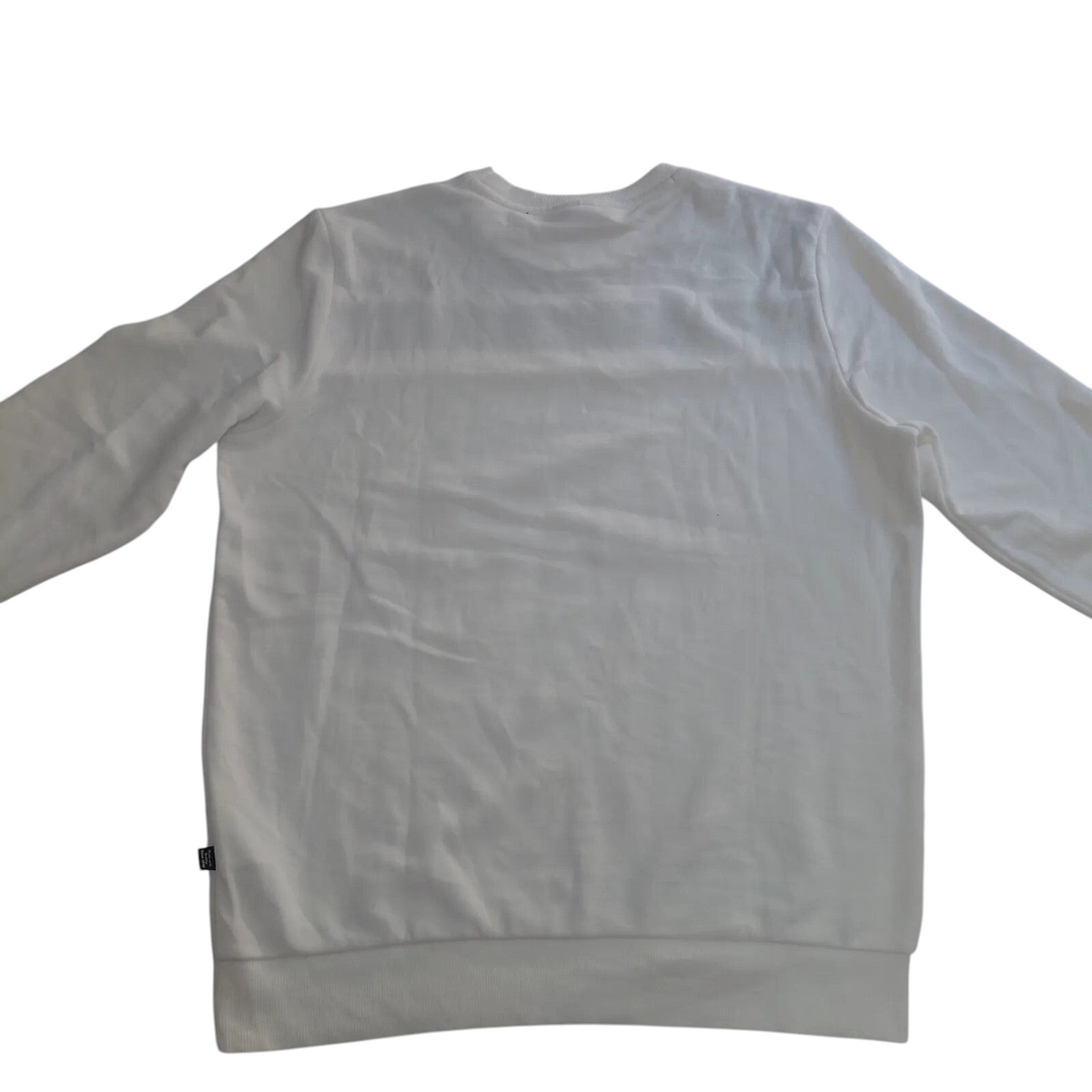 Back view of a white My Store Puma crewneck sweatshirt in size medium, featuring a clean cotton design.