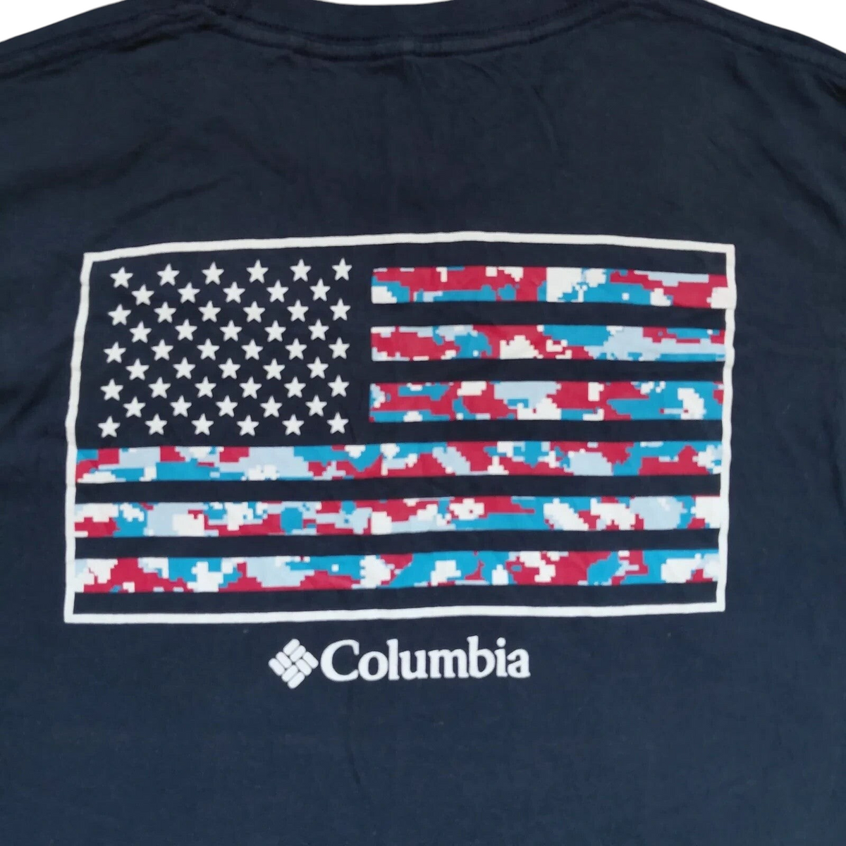 My Store navy cotton crew neck t-shirt featuring a digital camouflage American flag graphic and Columbia logo