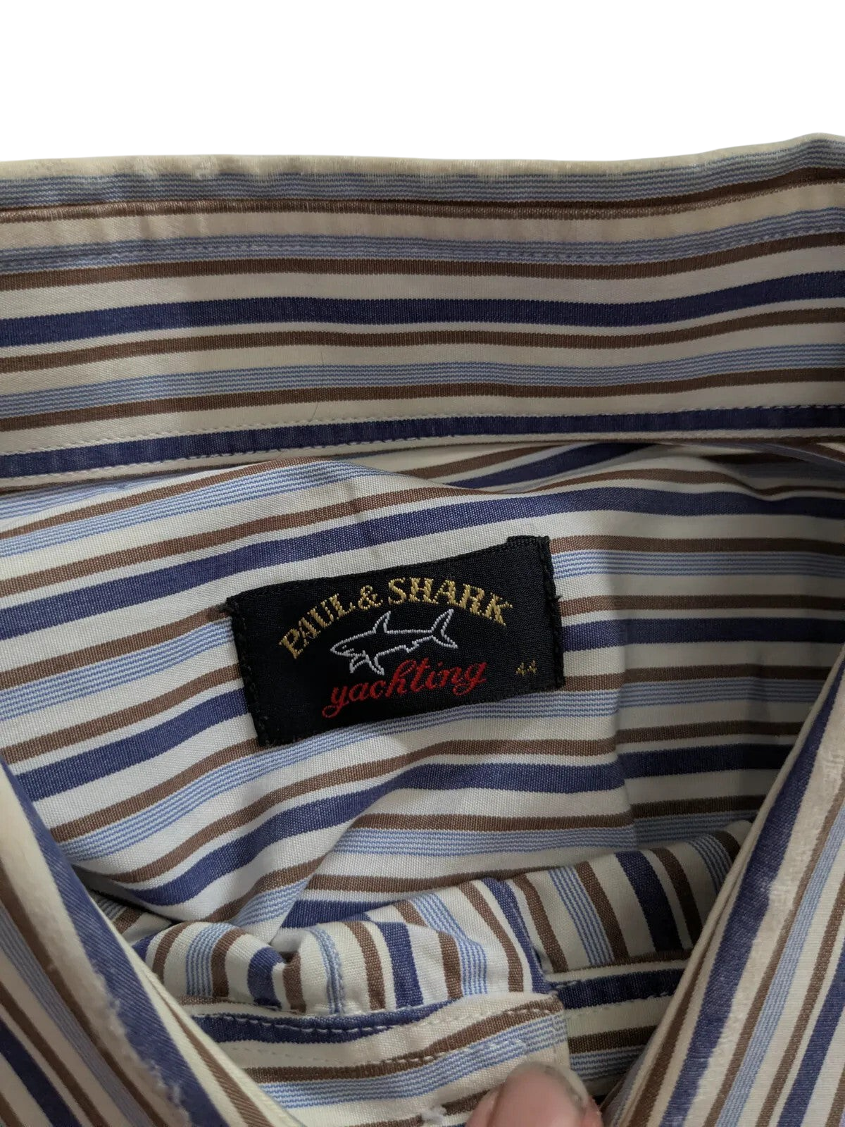 My Store Paul & Shark long sleeve button up shirt featuring a blue and brown striped pattern and interior brand label