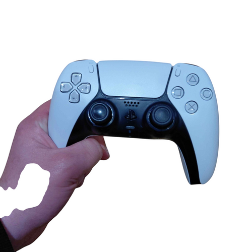 My Store white Sony DualSense wireless controller for PS5 held in a hand, showing buttons and analog sticks.