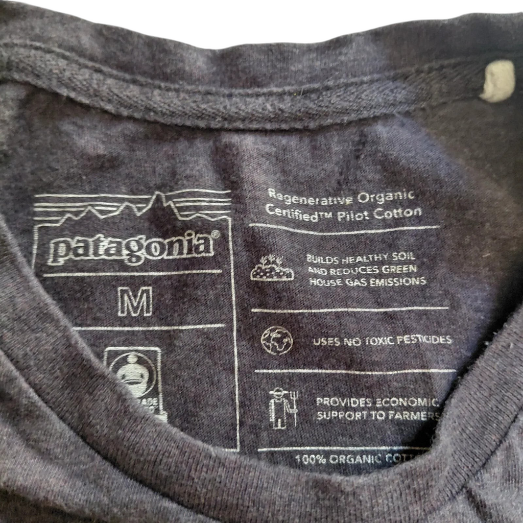 My Store Patagonia charcoal organic cotton t-shirt size medium with interior brand and sustainability label