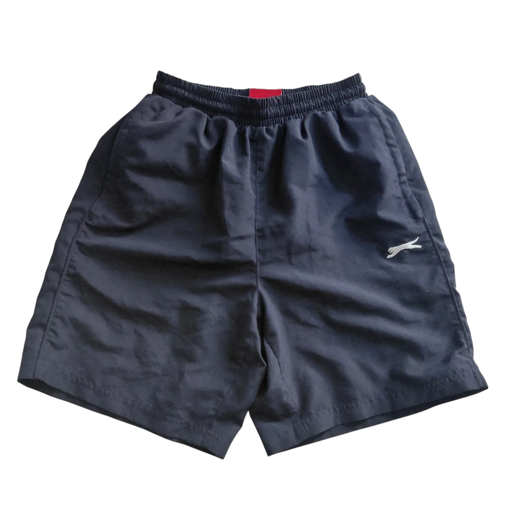 My Store navy blue Slazenger athletic shorts with an elastic waist, mesh lining, and white logo detail.