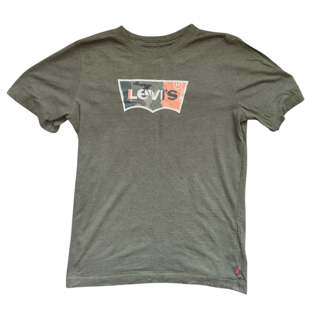 My Store olive green Levi's crew neck t-shirt with a camouflage logo graphic print on the front.