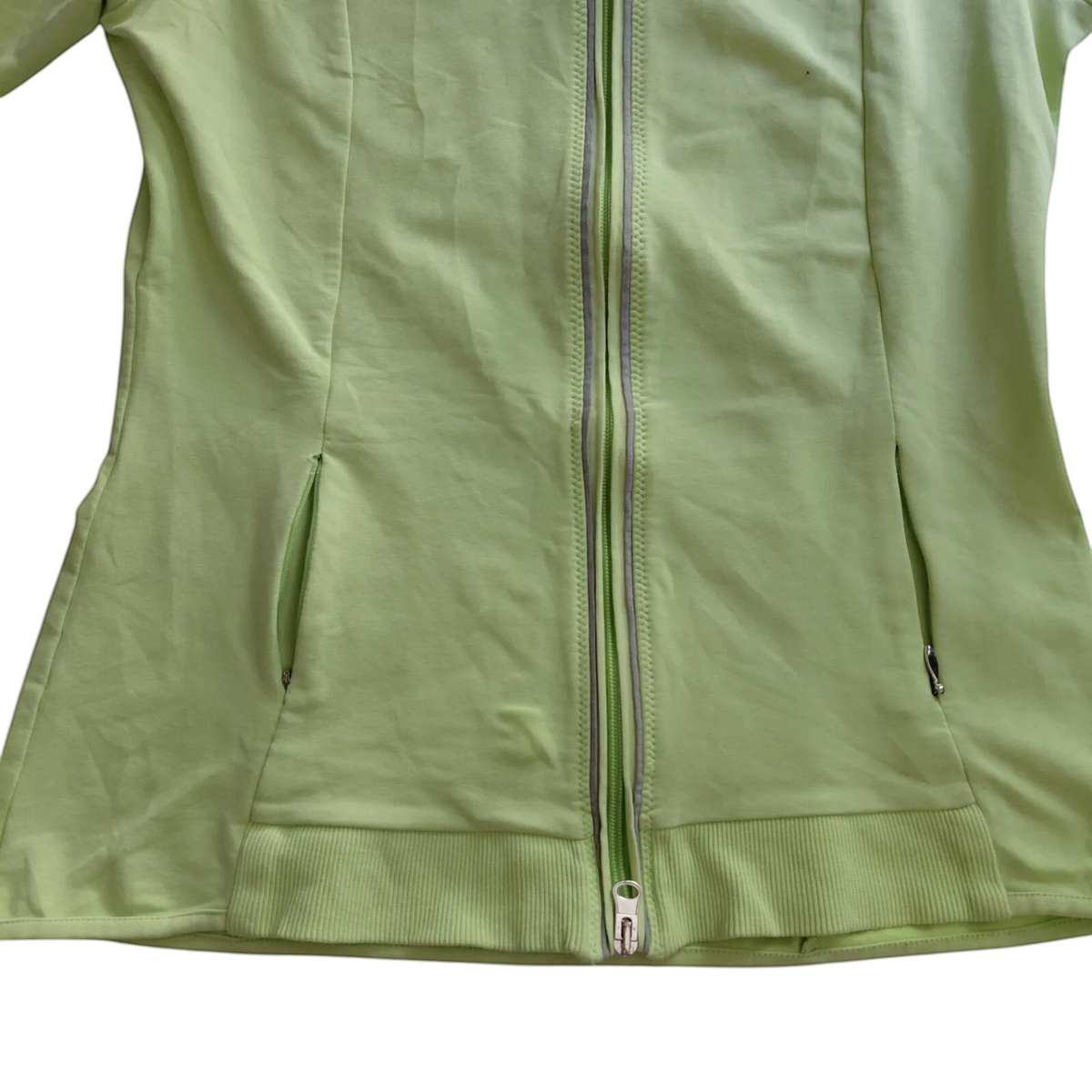 My Store lime green Champion track jacket with full zip closure, stand collar, and front pockets