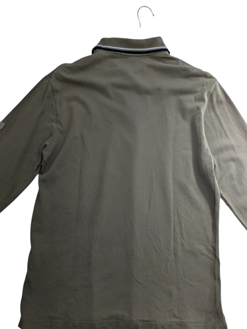 My Store khaki cotton pique long sleeve polo shirt with striped collar detail viewed from the back