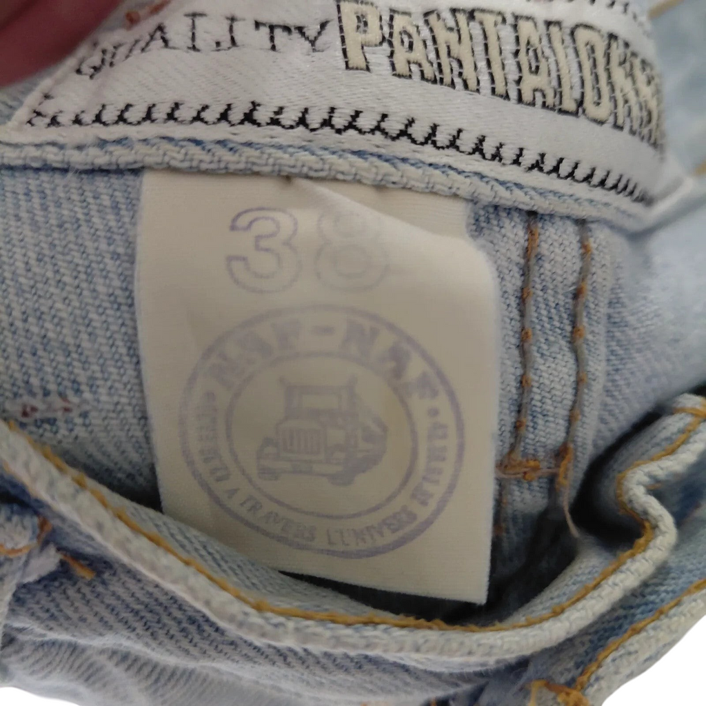 My Store Naf Naf light blue denim shorts interior brand label and size tag detail