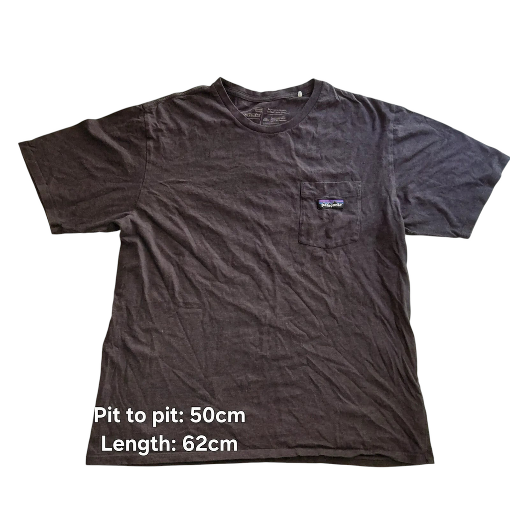 My Store Patagonia charcoal organic cotton short sleeve t-shirt with chest pocket and logo patch, size medium.