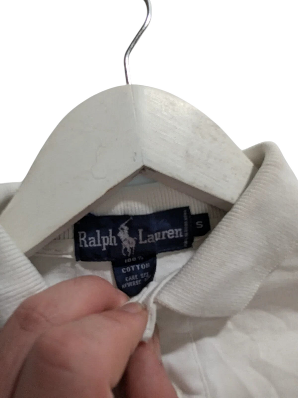 My Store cream Ralph Lauren long sleeve polo shirt featuring a classic collar and internal brand label