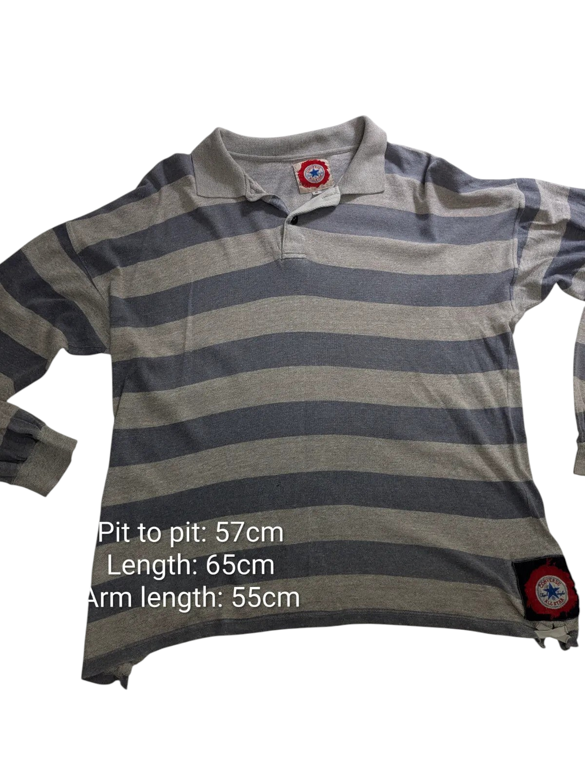 My Store grey striped long sleeve polo shirt with button-up collar and Converse logo patch, size medium