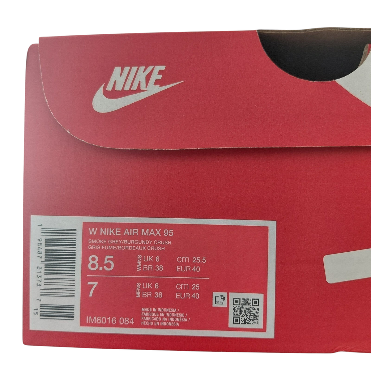 My Store Nike Air Max 95 shoe box label showing Smoke Grey and Burgundy Crush colourway details