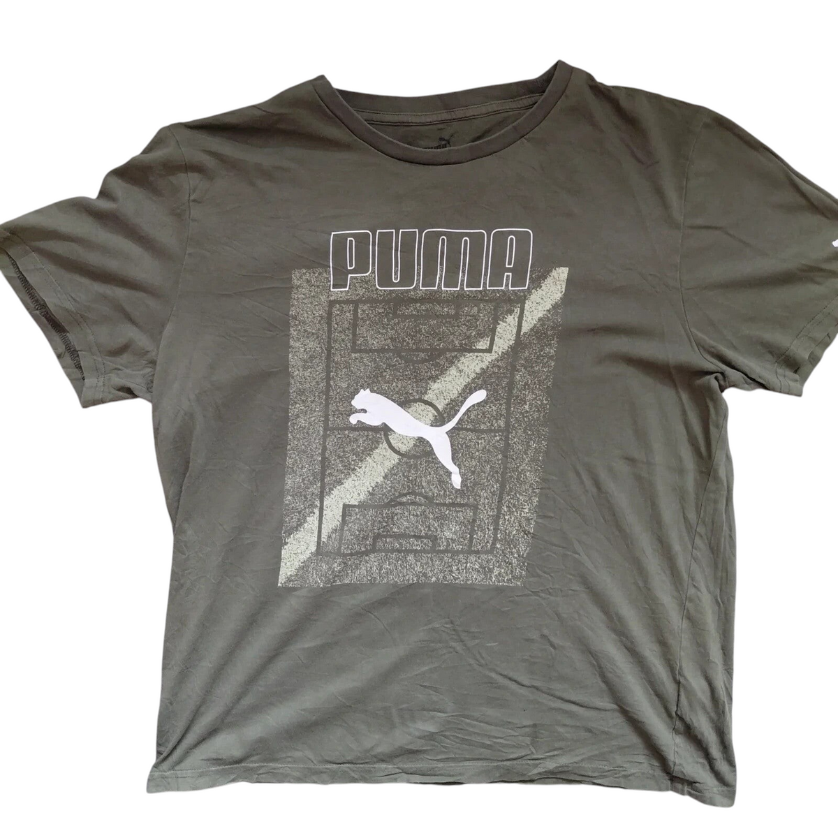 My Store pre-owned olive green Puma crew neck t-shirt with a white logo graphic on the front.