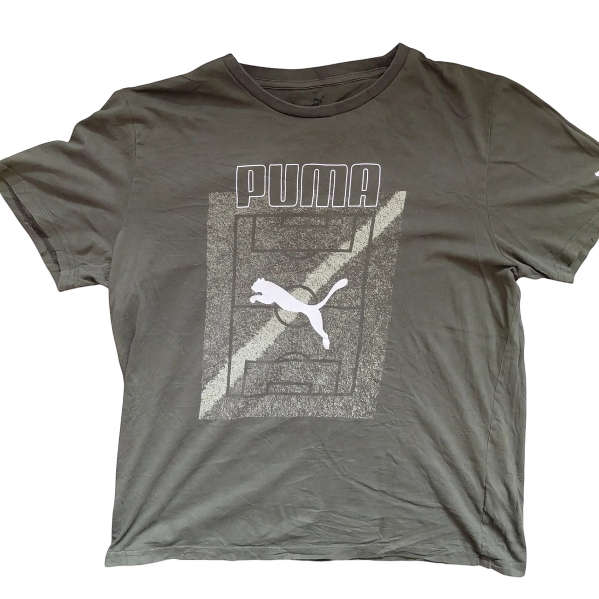 My Store pre-owned olive green Puma crew neck t-shirt with a white logo graphic on the front.