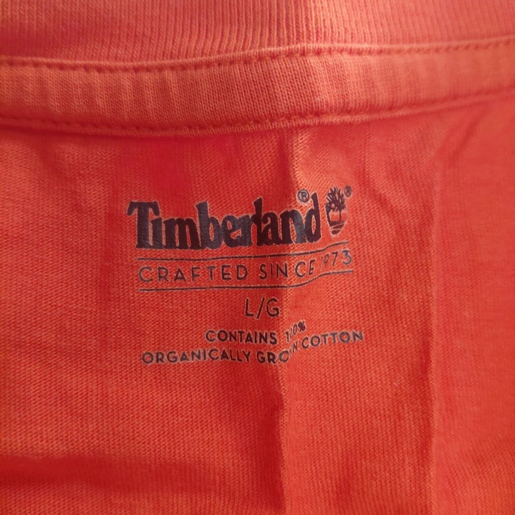 My Store Timberland orange organic cotton t-shirt interior neck label with logo and size large details