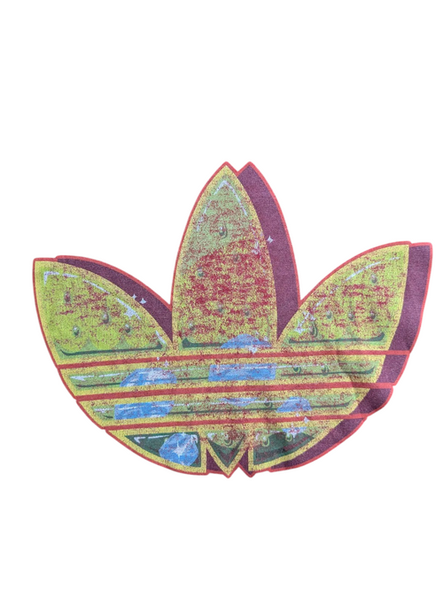 My Store red cotton Adidas crew neck t-shirt featuring a distressed graphic trefoil logo on the chest