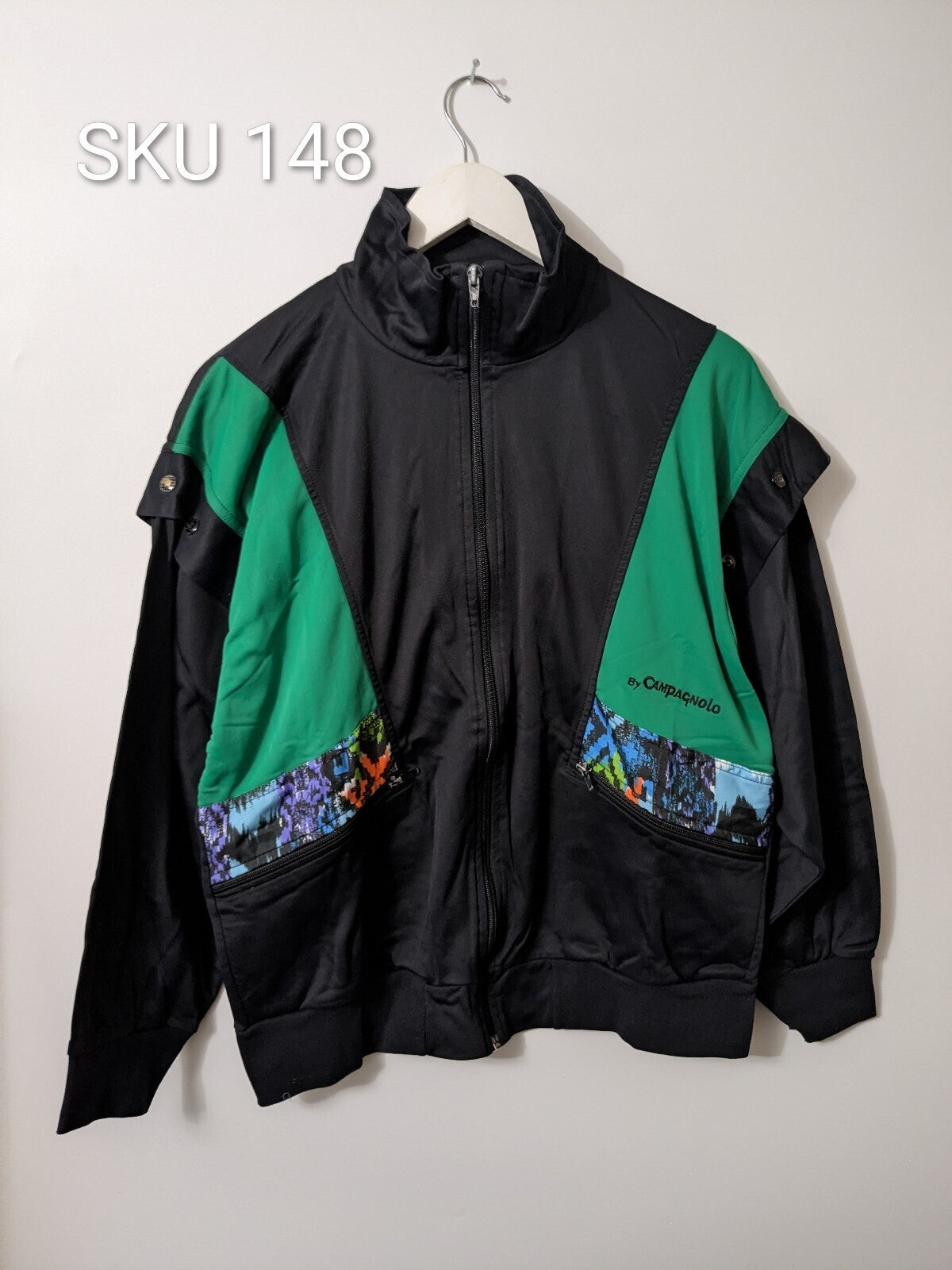 Campagnolo Track Jacket Mens L Black Green Geometric Retro Full-Zip