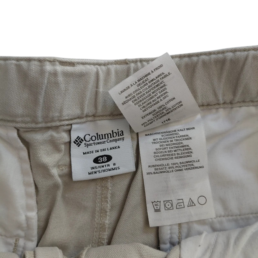 My Store Columbia beige cargo shorts interior size 38 label and care instructions tag